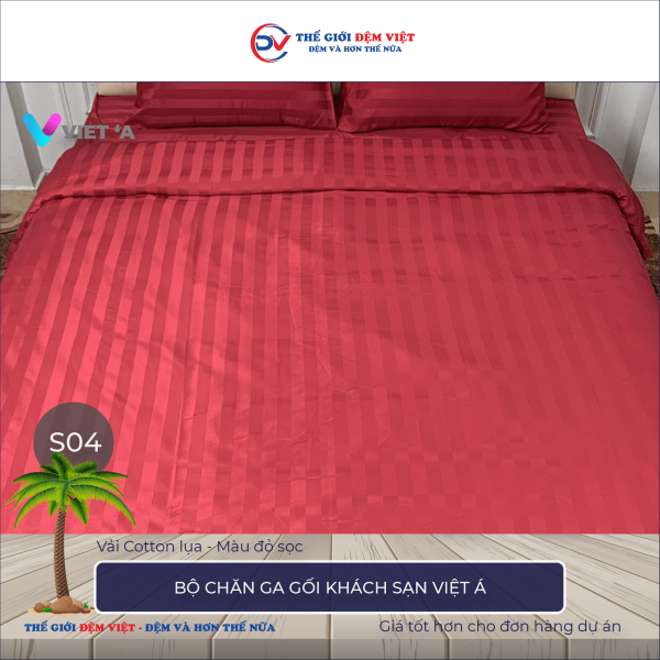 Bộ chăn ga gối khách sạn Việt Á đỏ sọc 4